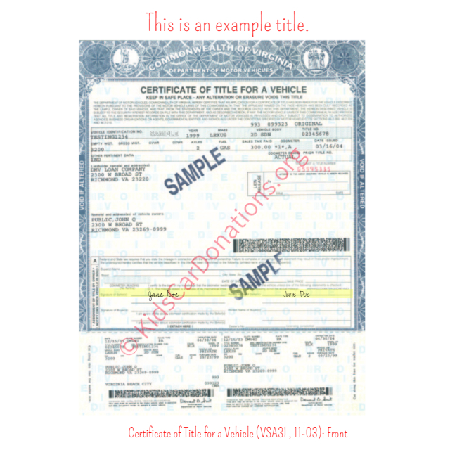 This is an Example of Virginia Certificate of Title for a Vehicle (VSA3L, 11-03) Front View | Kids Car Donations
